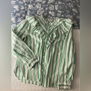 Green and White Button Up Shirt Blouse w Ruffles